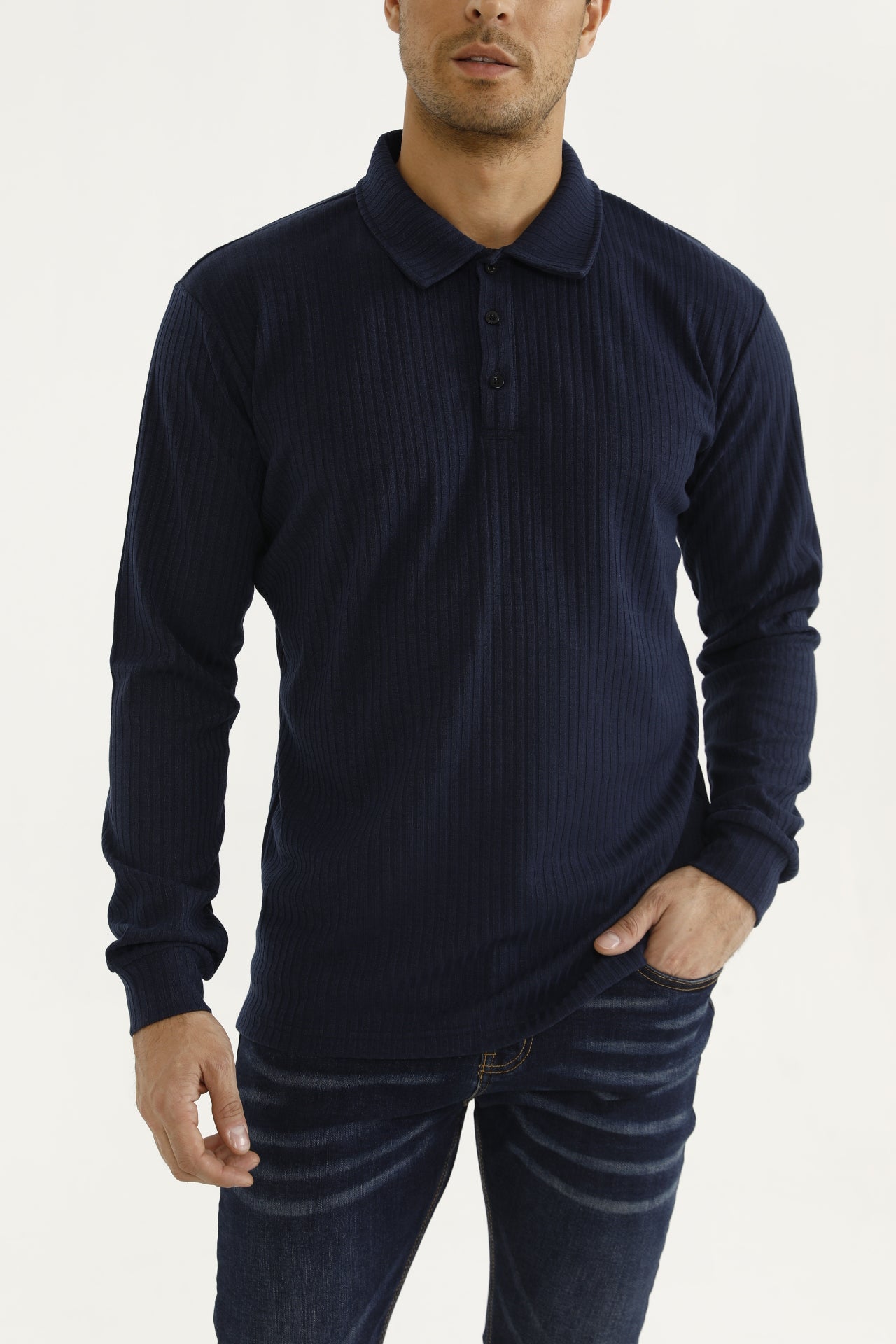 Plissé Longsleeve Polo Blauw