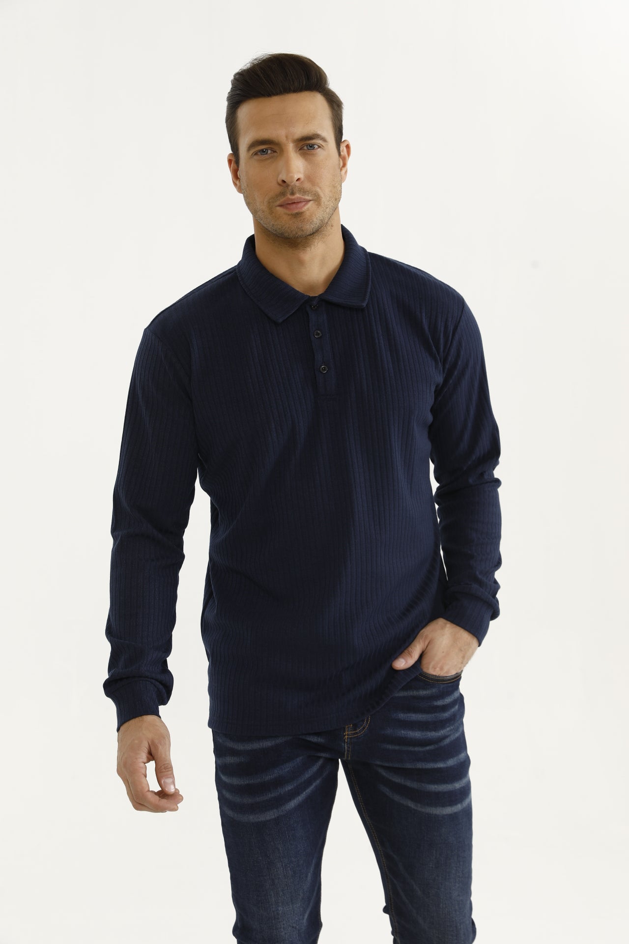 Plissé Longsleeve Polo Blauw