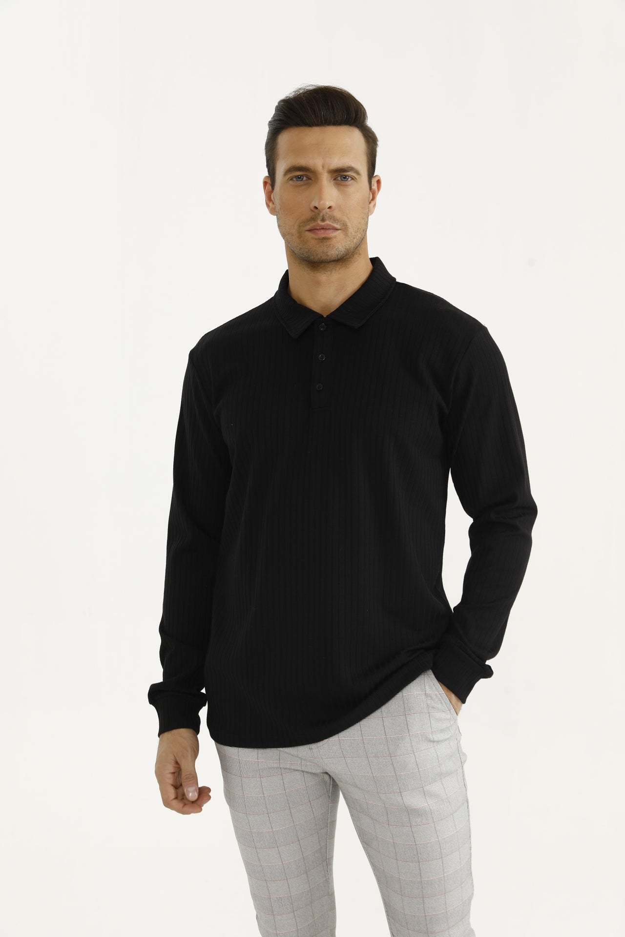 Plissé Longsleeve Polo Zwart