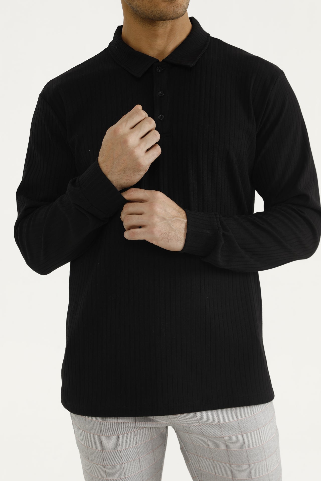 Plissé Longsleeve Polo Zwart