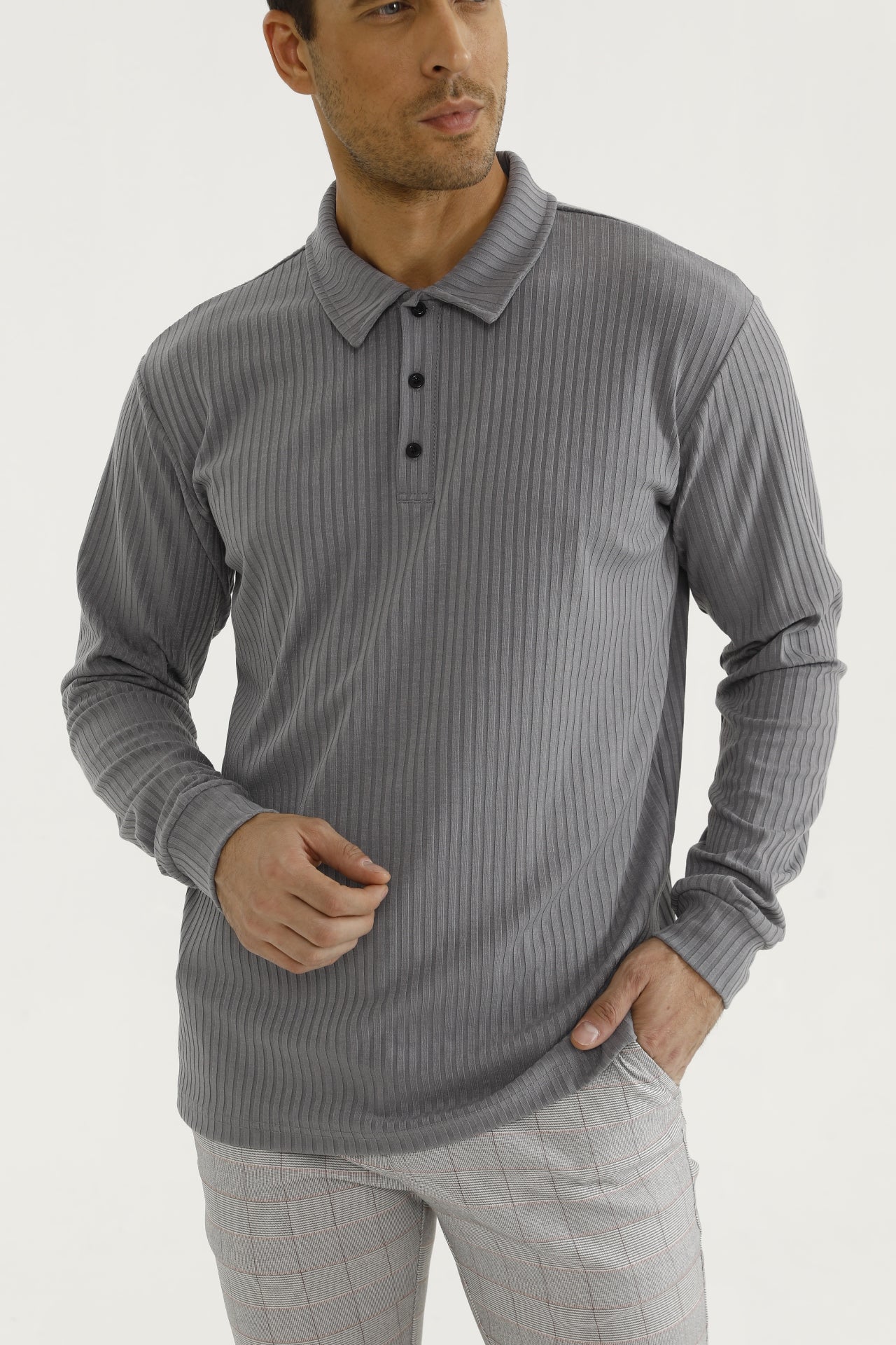 Plissé Longsleeve Polo Grijs